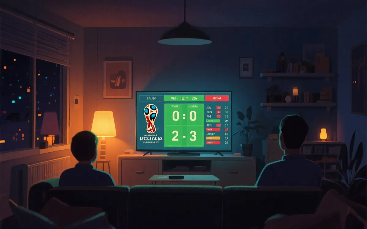 世界杯夜晚观赛的客厅场景，屏幕上显示比赛数据与比分的插画